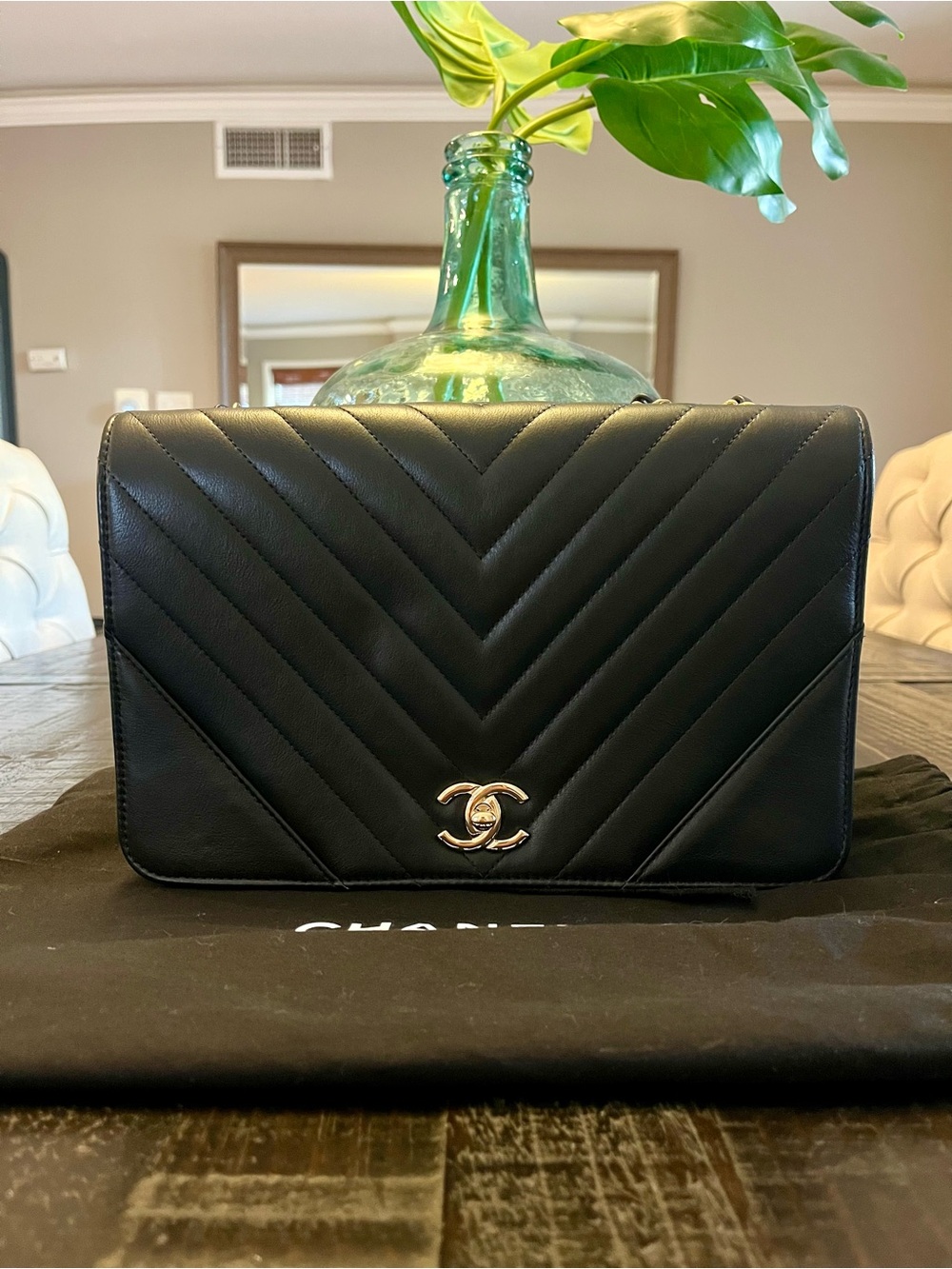 CHANEL Black Chevron Quilted Shoulder Bag with Gold CC Hardware